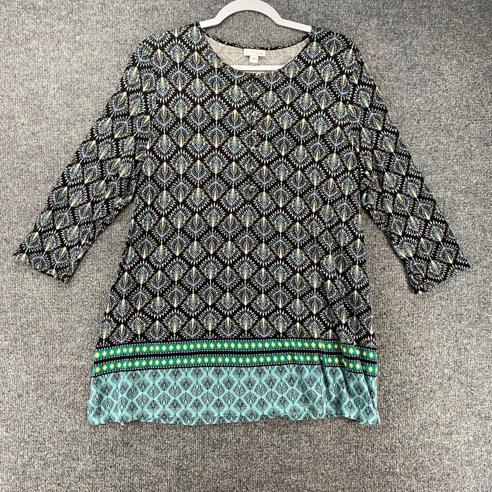 J Jill Blouse Top Womens L Tunic Black Henley Stretch Relax Boho Hippie Peasant‎